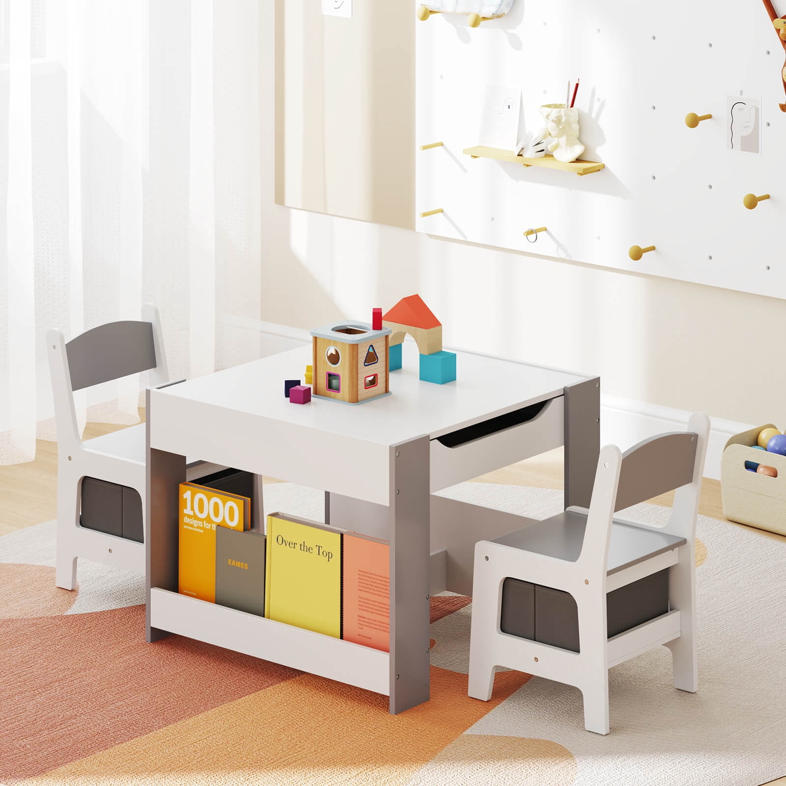 Infans 4-in-1 Kids Table & Chair Set Toddler Wooden Activity Table w/ Side Bookshelves