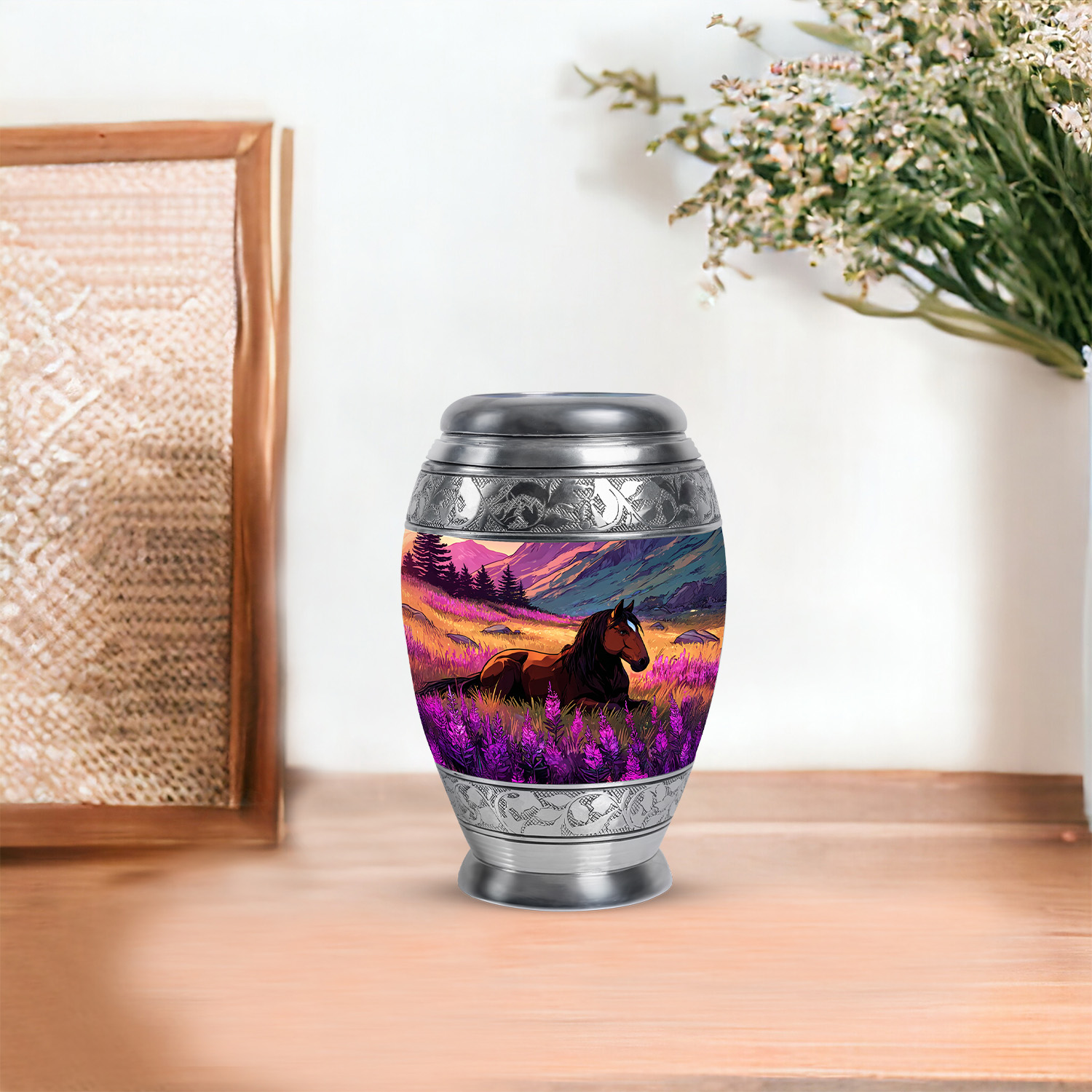JAGASY Horse Small Urn for Ashes Adult Male, Dark Blue Keepsake Urns for Human Ashes, Purple Flowers Decorative Urns for Mother, Mountain Mini Cremation Urn for Father, (3 Inch)