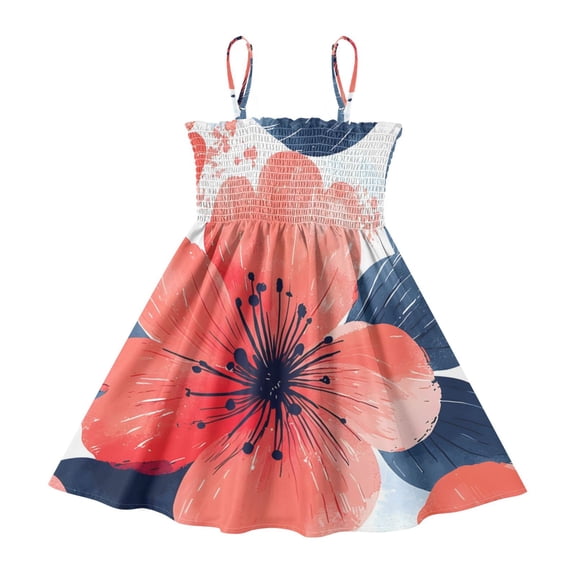 DALAWU Lightweight Coral Blue Floral Pattern Smocked Sundress Adjustable Strap Flowy A-Line Summer Dress