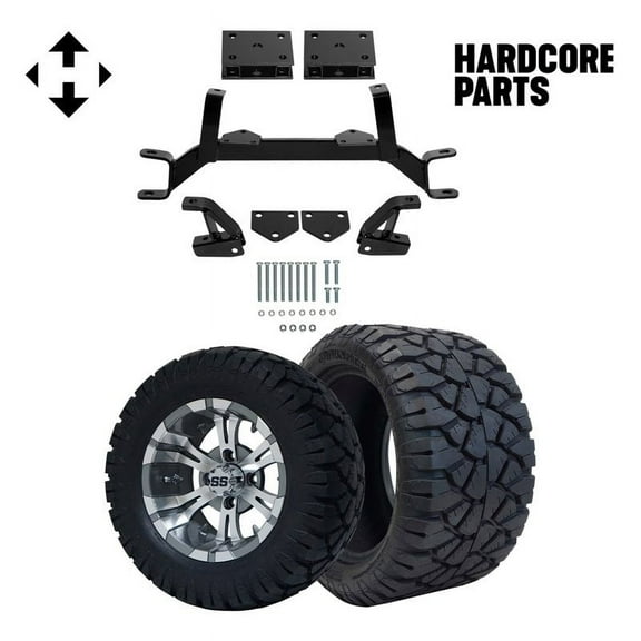 Hardcore Parts 4" Drop Axle Lift Kit for EZGO TXT/PDS (1994.5-2001.5) Gas Golf Cart with 12" Machined/Gunmetal 'VAMPIRE' Wheels & 20"x10"-12" STINGER On-Road/Off-Road DOT rated All-Terrain tires