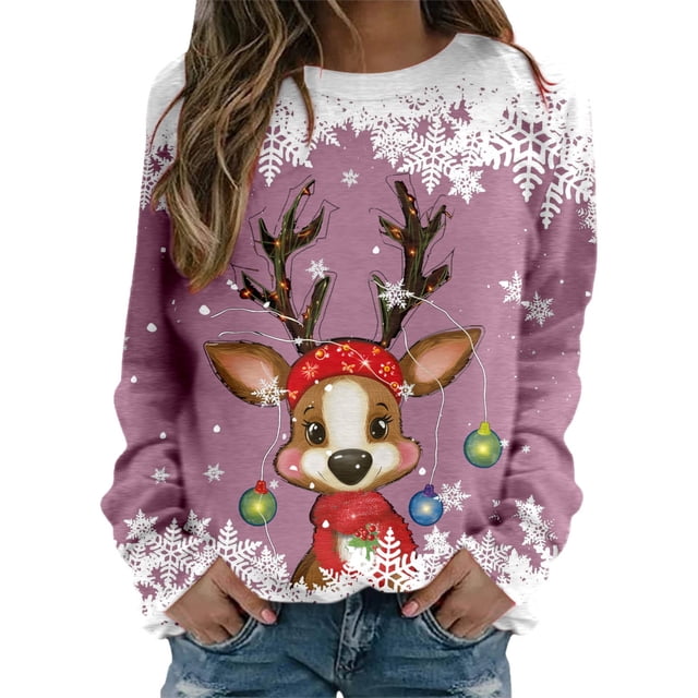 WEAIXIMIUNG Sweatshirts Courts pour Femmes, Pulls de Noël Tendance pour Femmes, Mode, Manches Longues, Col Rond, Graphique Renne Mignon, Chemises de Noël (4)