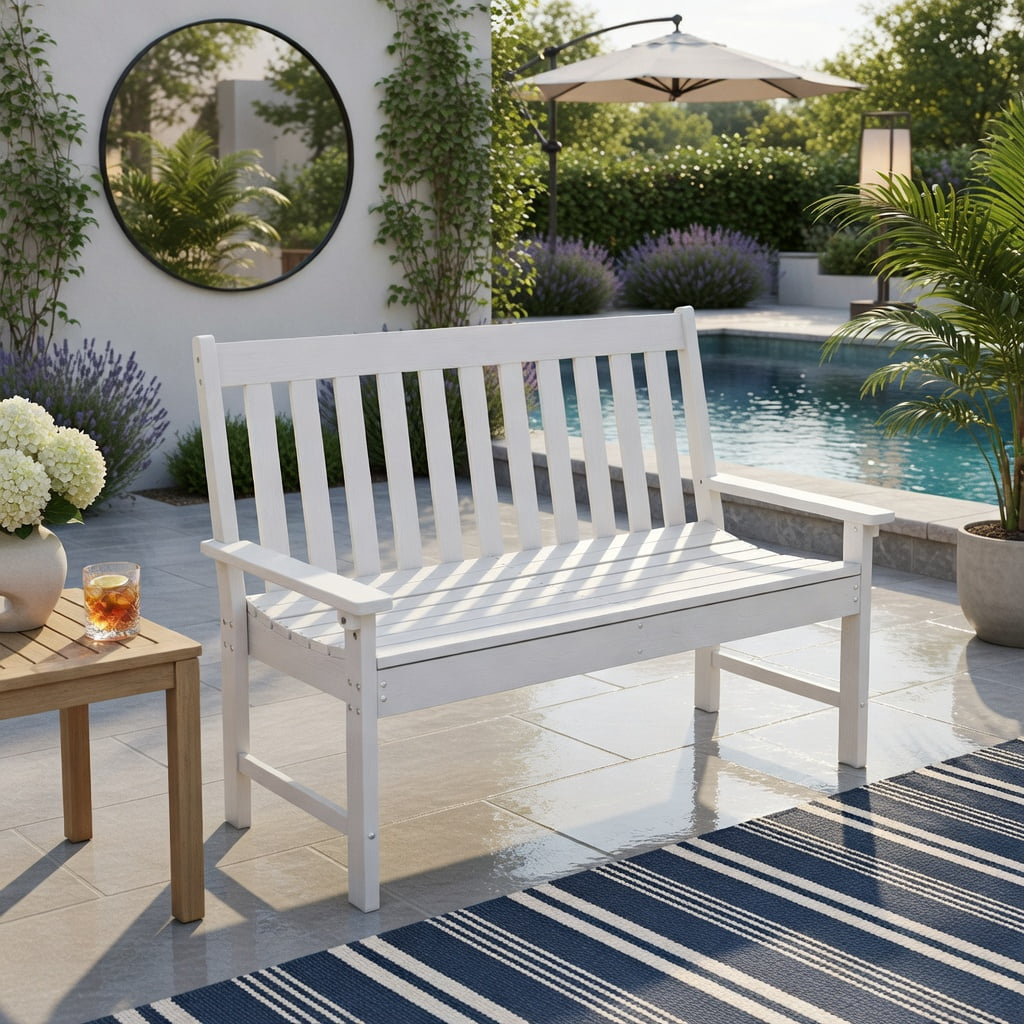 Hommoo 52" All-Weather HDPE Outdoor Bench, Weatherproof, Eco-Friendly, Heavy-Duty Patio Bench with Backrest & Armrests, White