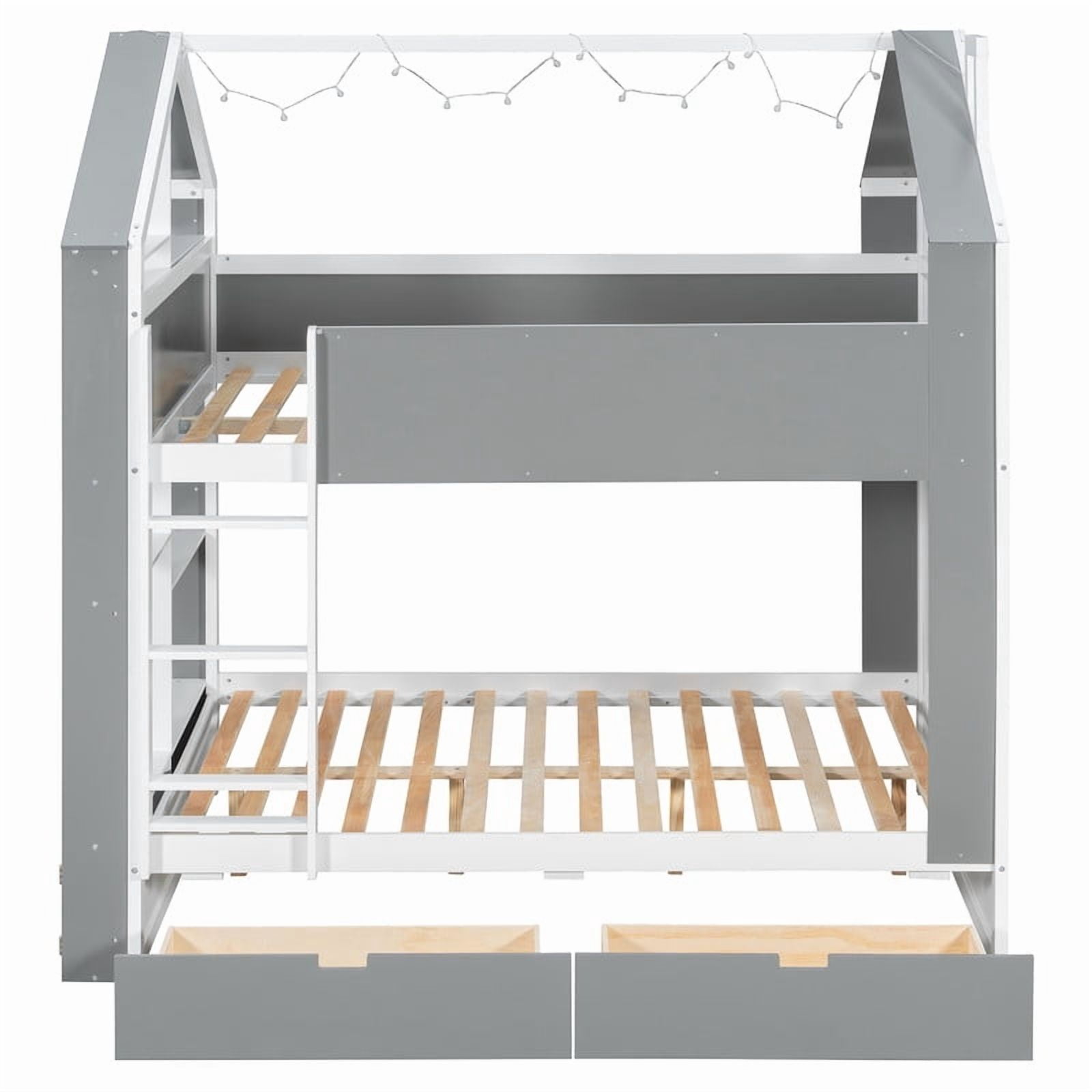 Full-Over-Full Two-Tone Accent Bunk Bed Frame with Cabinet, Drawers & Shelves, Modern Storage Kids Bed with LED Light Strip