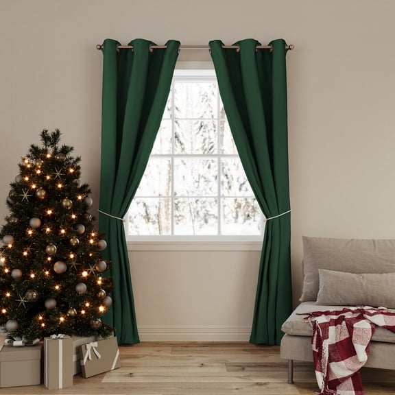 No. 918 Gloria 2-pack Christmas Energy Saving Grommet Curtain Panel Pair with Tie Backs, Evergreen, 37"W x 63"L (2 Panels)