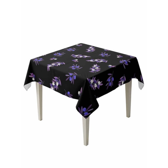 Purple Olive Fruits Table Cloth, Waterproof Tablecloth for Square Tables, Spring Farm Branches Leaves Plants Black Reusable Washable Fabric Table Cover for Restaurant Kitchen Dining Tables 54"x54"