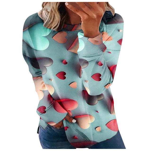 Qertyioot Chemise Cœur d'Amour Saint-Valentin Grande Taille Pull, Femmes Manches Longues Graphiques Col Rond Oversize Swea