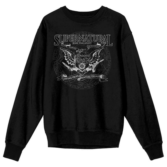 Supernatural Join The Hunt Eagle Crest Crew Neck Long Sleeve Men's Black Sweatshirt-Medium