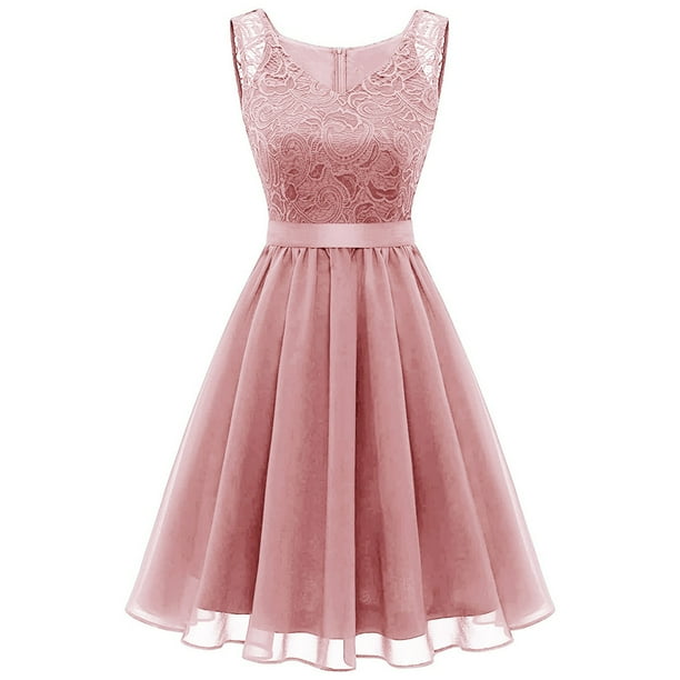 Gibobby Vestidos de fiesta elegantes Vestido largo de encaje de dama de honor de dama de honor de boda formal sin mangas para mujer(Rosa,M)