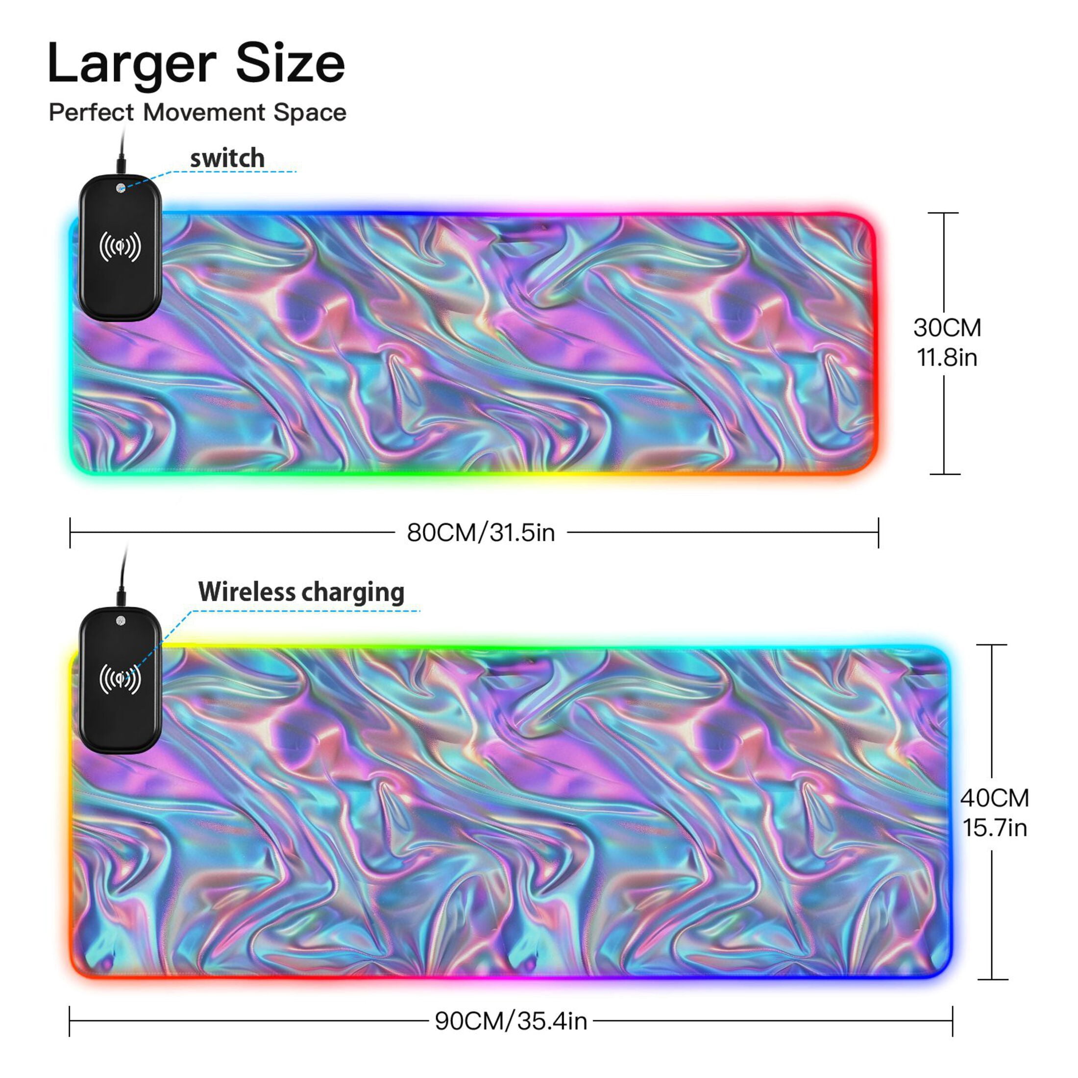 Wireless Charging Mouse Pad Large RGB Gaming Desk Mat 13 Light Modes Mousepad 31.5x11.8 Iridescent Liquid Marble