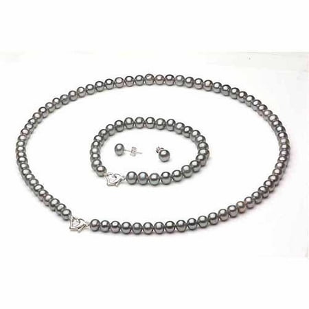 6-7mm Grey Freshwater Pearl Heart-Shape Sterling Silver Necklace (18), Bracelet (7) Set with Bonus Pearl Stud Earrings