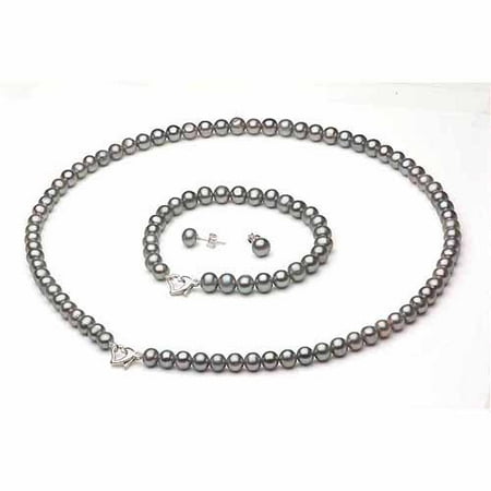 6-7mm Grey Freshwater Pearl Heart-Shape Sterling Silver Necklace (18"), Bracelet (7") Set with Bonus Pearl Stud Earrings