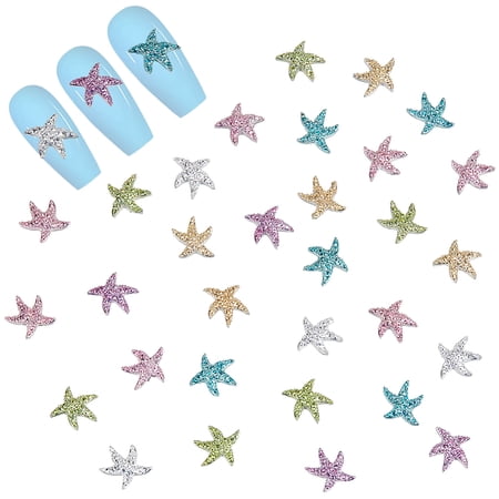 100Pcs Resin Starfish Nail Art Charms Mixed Colors Colorful Stars Flatback Nails Set Summer Beach Designs Rhinestones Studs Jewels Manicure Pink DIY