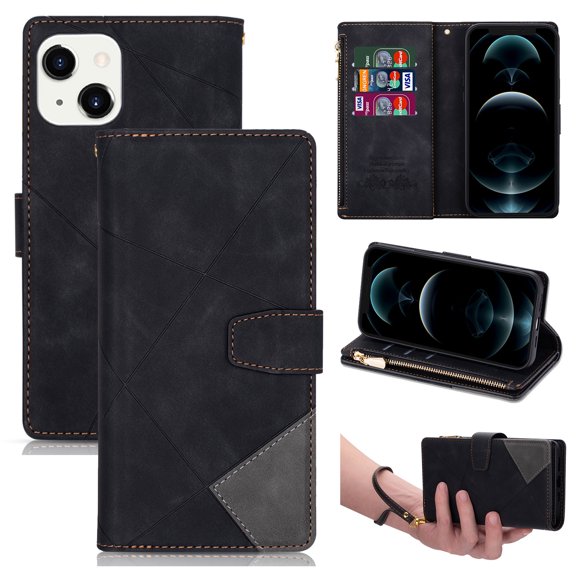 Nalacover Zipper Wallet Case for iPhone 15 with [Credit Card Slots] [Zipper Pocket] Kickstand, Premium PU Leather Flip Cover with [Magnetic Clasp] Shockproof Case, Black