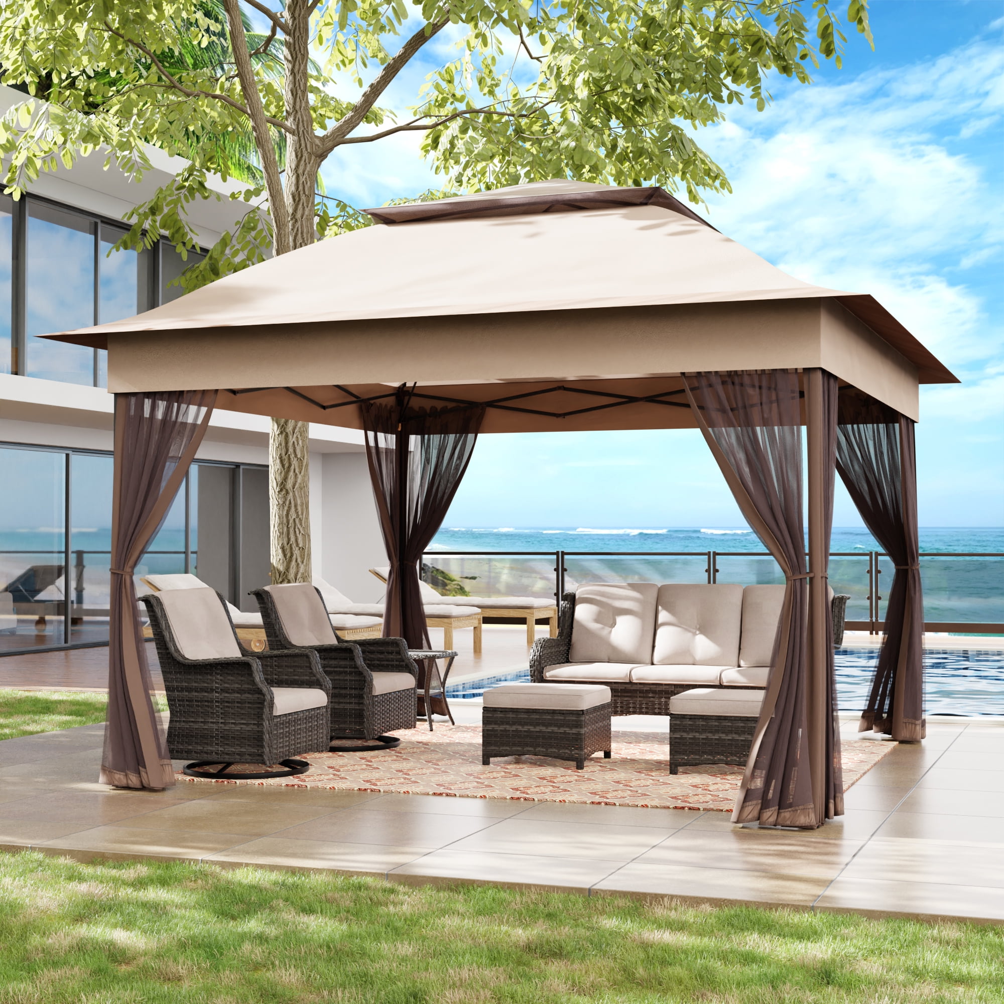 Meetleisure 11'x11' Pop Up Gazebo for Patios, Outdoor Canopy Tent with Sidewalls, Mosquito Netting, Pop Up Shelter for Wedding Party, Beige
