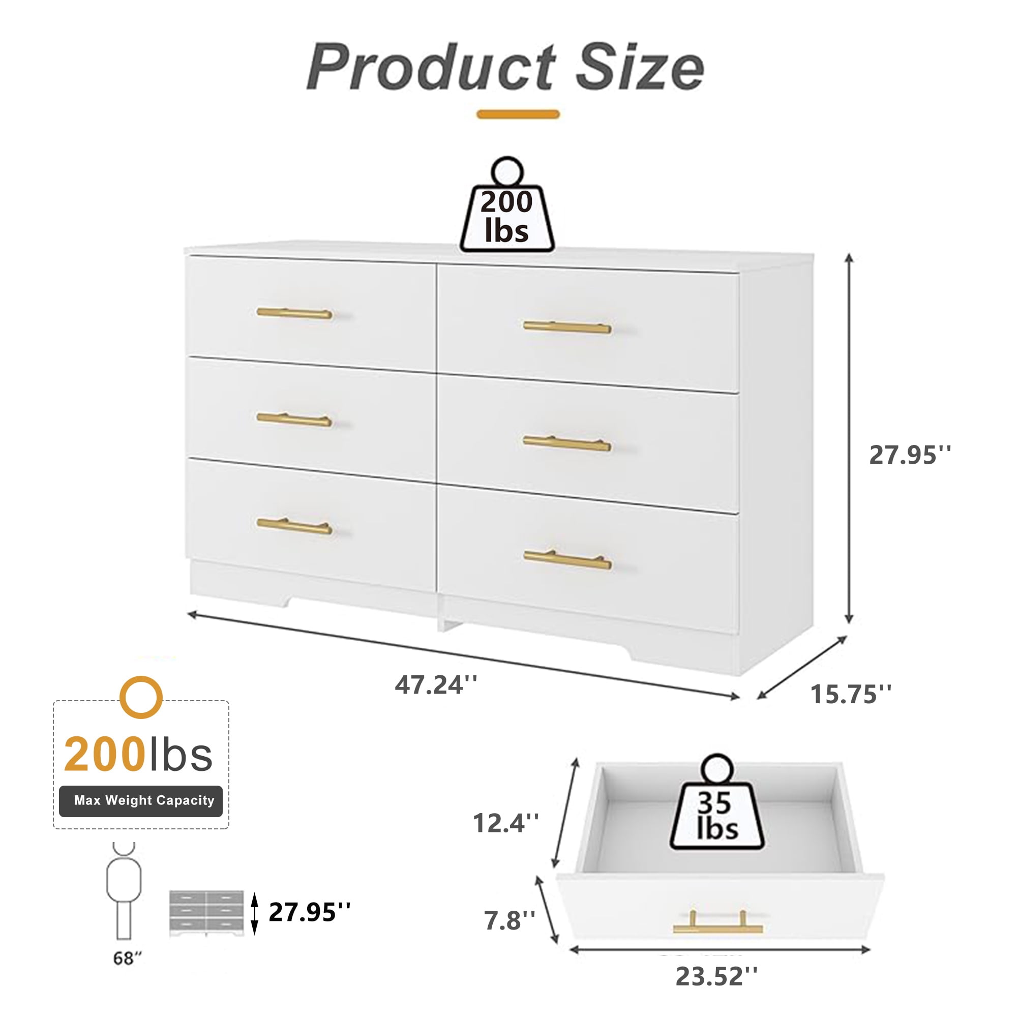 Kadyn White Chest of Drawer, 6 Double Drawer Dresser with Golden Handle, Modern Storage Cabinet for Bedroom Living Room, Dresser