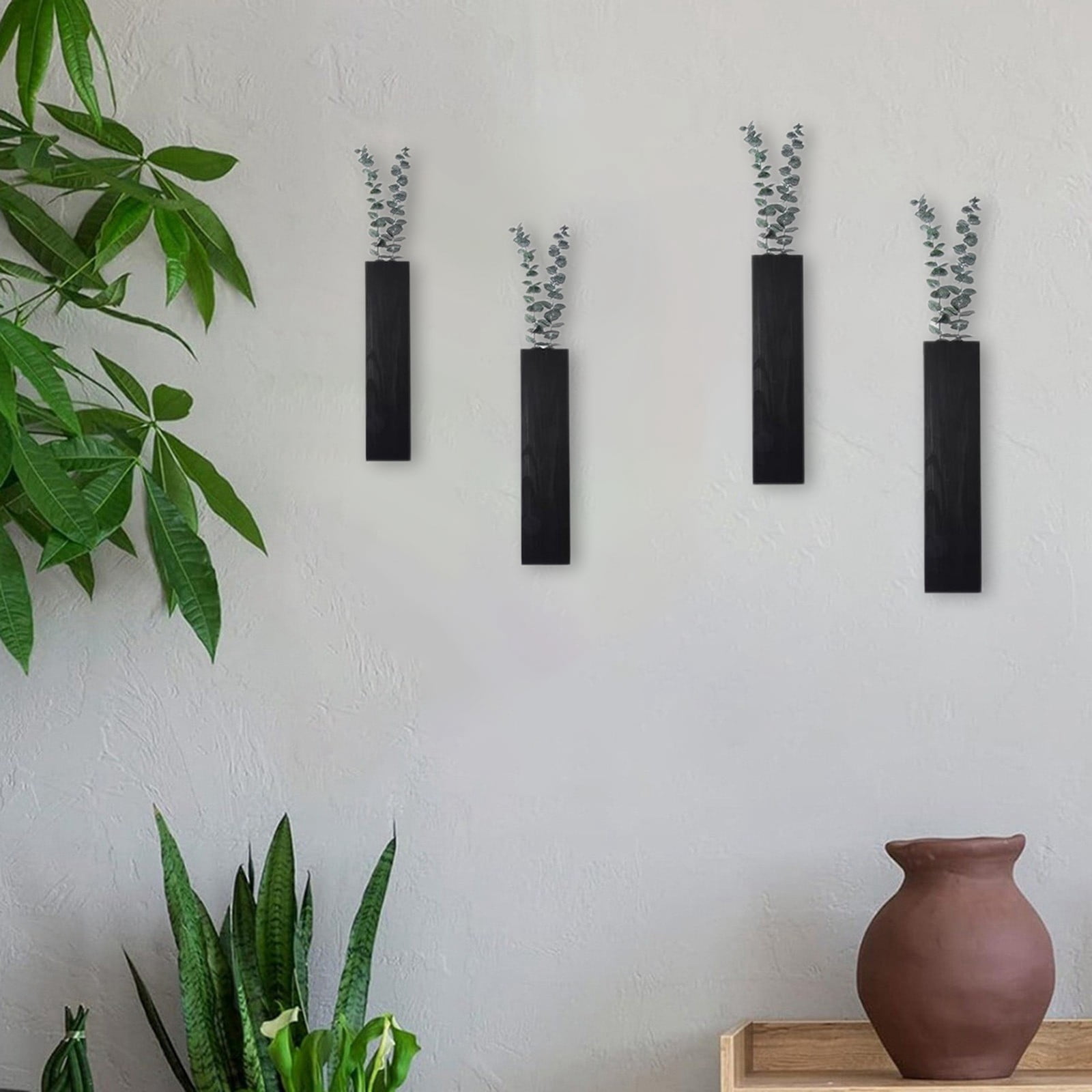 Black Wood Wall Planter for Indoor â Modern Farmhouse Hanging Planter for Dried Flowers, Greenery & Succulents â Living Room, Bathroom & Kitchen Wall Decor