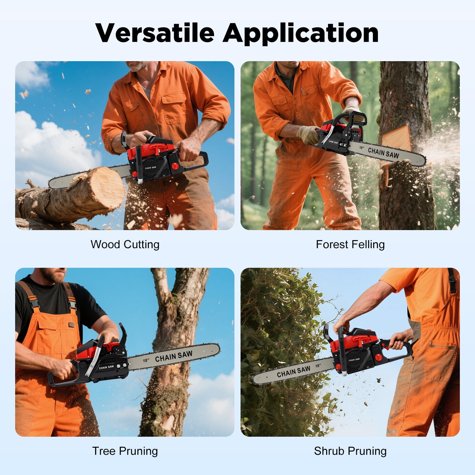 58cc 3HP Gas Chainsaw with 18-Inch Guide Bar – 10,500 RPM High-Speed Cutting, Lightweight & Ergonomic, Auto Oiling, Safety Lock, Ideal for Tree Trimming & Yard Work