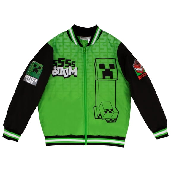 Minecraft Bomber Jacket for Boys, Zip-Up Creeper Varsity Jacket for Kids (Sizes 4-18)