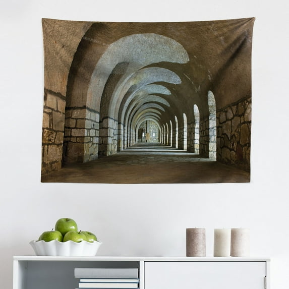 French Tapestry, Hotel Corridor Building Inside Classic French Interior Design Picture Art, Fabric Wall Hanging Decor for Bedroom Living Room Dorm, 2 Sizes, Grey Yellow, by Ambesonne