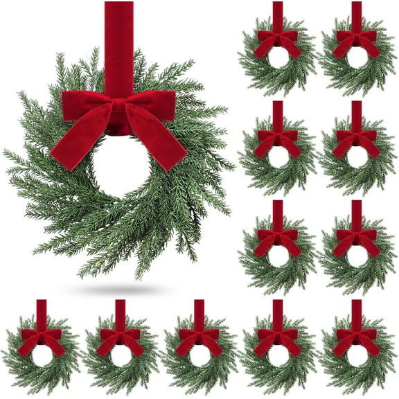 MKKAS 12Pcs Christmas Pine Wreaths for Front Door - 12.6" Christmas Kitchen Cabinet Mini Wreaths with Bow & Burgundy Ribbon, Holiday Cabinet Hanging Decorations for Window & Walls, Home Xmas Decor