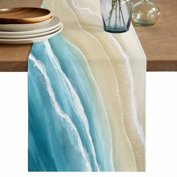 Teal Blue Beach Coastal Cotton Linen Table Runner for Dining Kitchen, Summer Ocean Nautical Seaside Wedding Outdoor Party Tablerunners Decoration, Dresser Scarf Coffee Tablecloth Runners 13x70 Inches