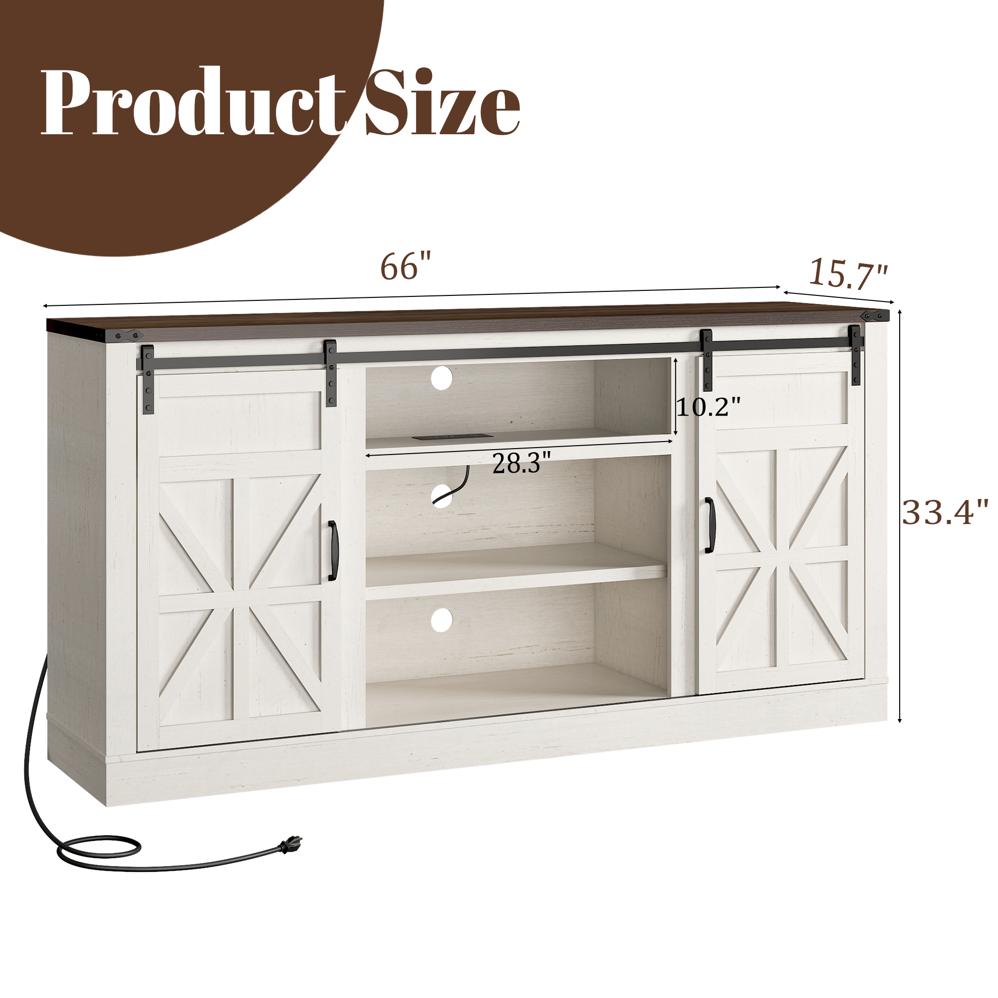 Chvans 66" Farmhouse TV Stand with Sliding Barn Doors & Charging, White photo 2