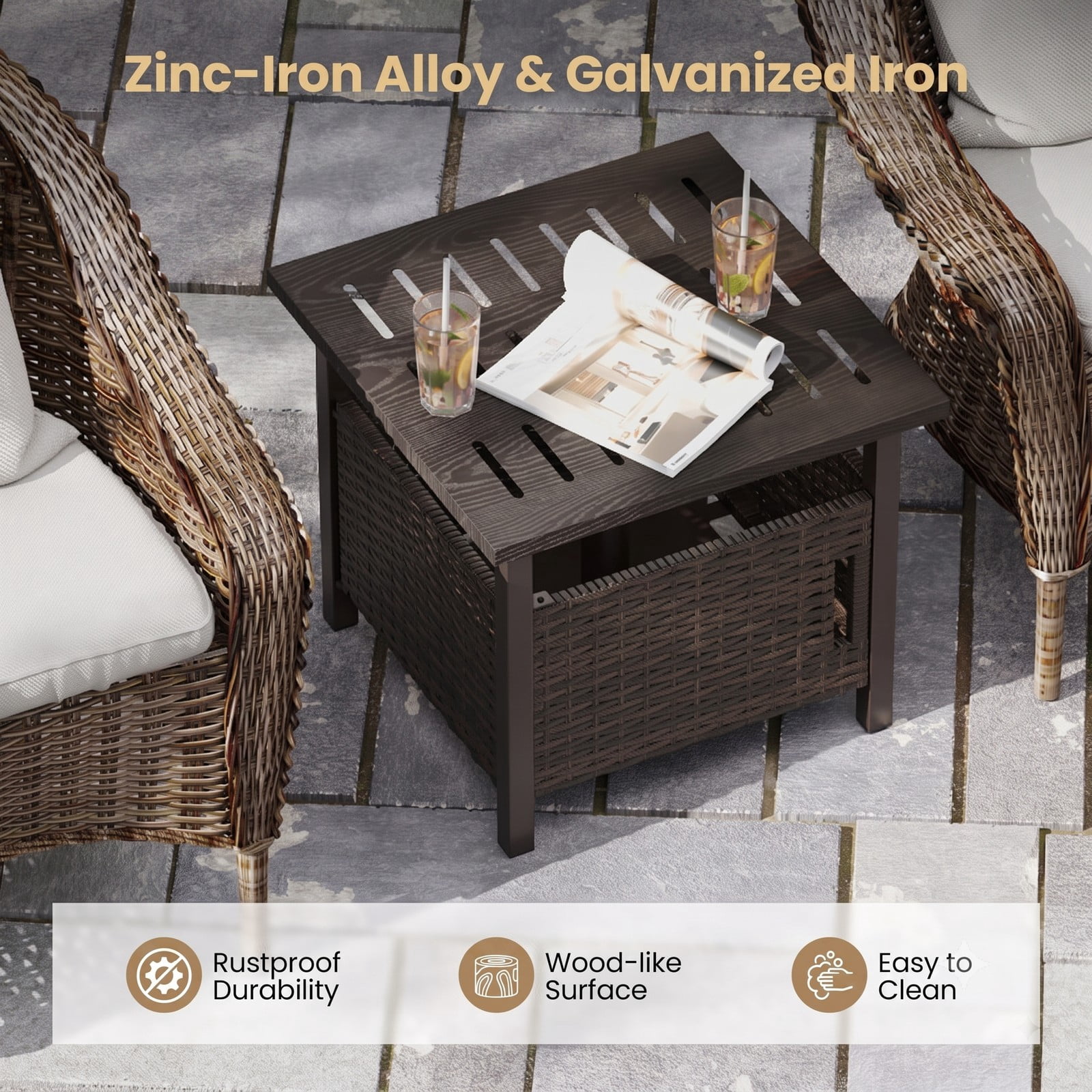 Furnibear Outdoor PE Wicker Patio Umbrella Side Table with 1.93 Inch Umbrella Hole for the Backyard and Poolside, Mix Brown