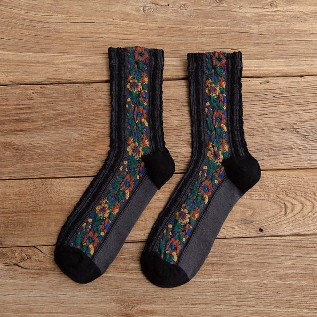 Bas Mi-Mollet pour Femmes, Printemps, Tricotés en Coton, Style Rétro Ethnique, à Motif Floral, Bas en Coton, Bas de compression, Noir