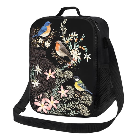 Floral Songbird Lunch Bag Insulated Thermal Box with Shoulder Strap & Handle for Work and Picnic