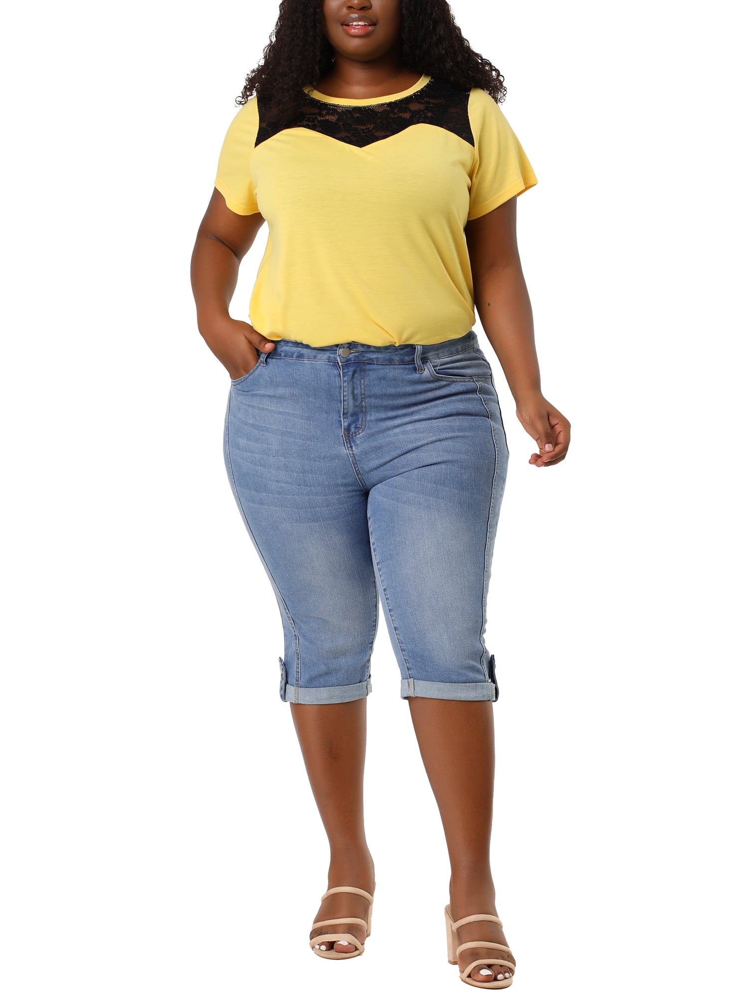 Unique Bargains Women's Plus Size Outfits Skinny Stretch Jeans Capri at Knee Denim Shorts Light Blue 1X