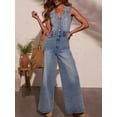 thumbnail image 4 of Women'S Denim Overalls Jumpsuits Sleeveless Button Down V Neck Wide Leg Jeans Long Pants Rompers Light Blue L, 4 of 8