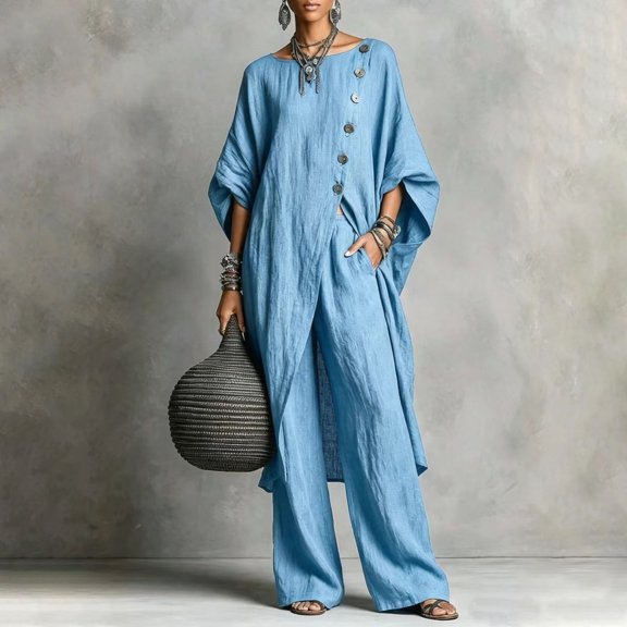 2 Piece Sets for Women Summer 2026 Spring Summer Asymmetrical Collar Blouse Set 3/4 Sleeve Solid Color Breathable Lightweight Loose Fit 2 Piece Casual Outfit for Daily Home Travel Sky Blue M by Duoif