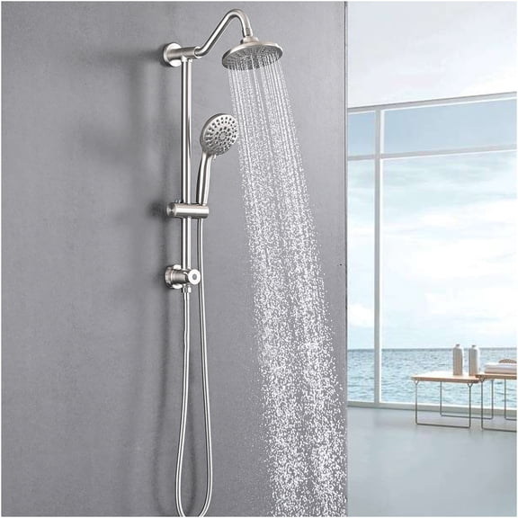 JERFIT 6-inch Dual Shower System, Wall Mounted Rainfall and Handheld Shower Combo with 5 Spray Modes, Adjustable Slide Bar, Brushed Nickel Finish