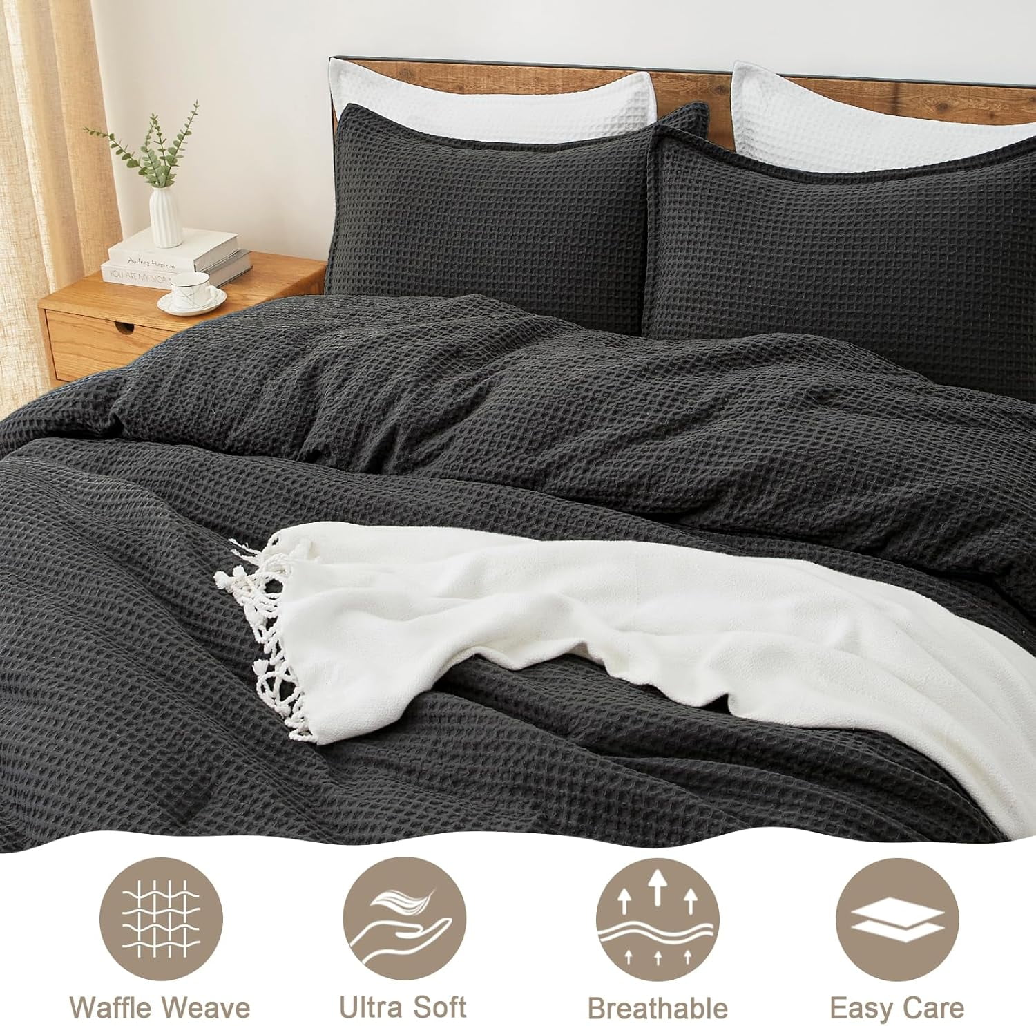 PHF 3-Piece Waffle Weave Comforter Set Queen Size, Lightweight Comfy Bedding Set for All Season, Ultra Soft Textured 1 Comforter with 2 Pillow Shams, Black