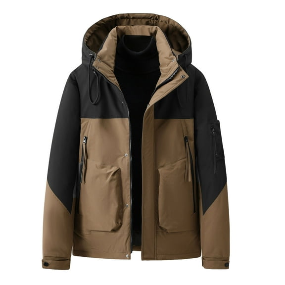 Men's Coat, Men's Winter Colour Blocking Outdoor Sports Casual Style Warm Thickened Coat for Cold Weather and Comfort ,Men's Winter Fashion,Color:Khaki,Size:XL