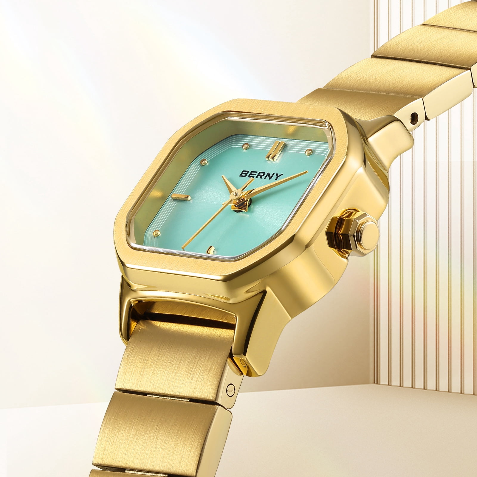 BERNY Small Gold Watches for Women, Dainty Minimalist Dress Watch with Square Dial, Vintage Stainless Steel Bracelet Watch, Waterproof, Ladies Luxury Gifts (Blue)