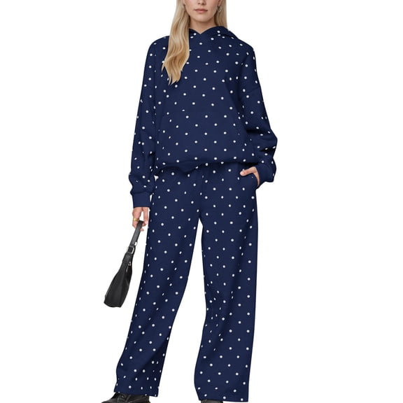 Stralyhd Long Sleeve Hoodie Set Women Oversized Hooded Polka Dots Tracksuits 2026 Fall Comfy Outwear Clothes Sports 2 Piece Jogger Set Navy 3XL