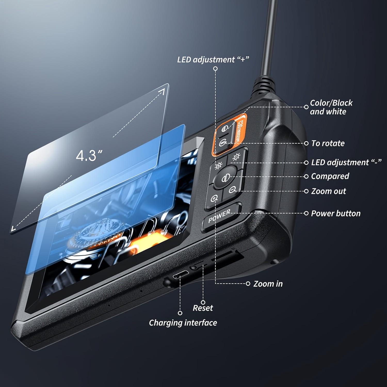 Endoscope Camera with Light, Inspection Borescope Camera with 4.3" IPS Screen, 1920P HD with 8 LED Lights, 15FT Semi-Rigid Cord Bore Scope, IP67 Endoscope for Sewer, Dual Lens(Orange)