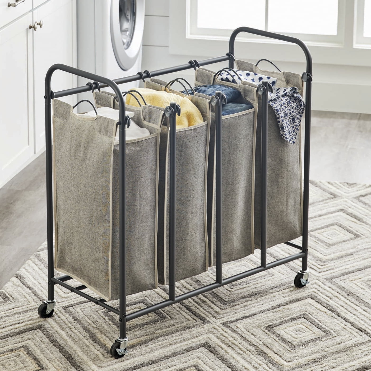 2 Pockets Each 4 Bags, Army Green JINAMART Brown Heavy Duty Laundry Sorter 4 Bag Laundry Hamper Basket with Wheels Storage Cart