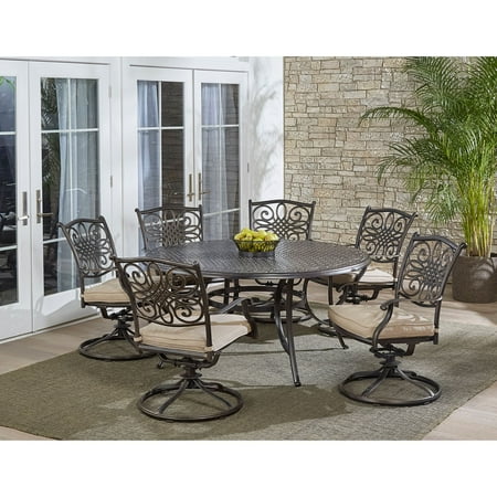 Hanover Traditions 7-Piece Rust-Free Aluminum Outdoor Patio Dining Set with Tan Cushions, 6 Swivel Rockers and Aluminum Round Dining Table, TRADDN7PCSWRD6