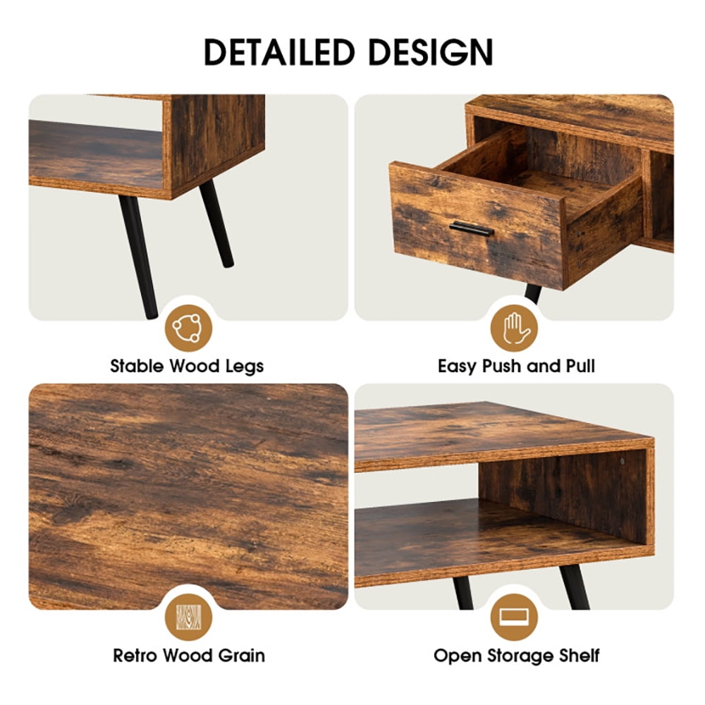 Finihen Rectangular Coffee Table, Retro Rectangular Coffee Table with Drawer and Storage Shelf, for Living Room, Reception Room, Office, Rustic Brown Finihen Rectangular Coffee Table, Retro Rectangular Coffee Table with Drawer and Storage Shelf, for Living Room, Reception Room, Office, Rustic Brown