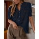 thumbnail image 3 of Blusa PRETTYGARDEN de encaje para mujer, manga corta, azul marino, talla L, 3 of 6