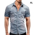 thumbnail image 4 of Minnieouse Camisa vaquera fina para hombre, pantalones vaqueros ajustados suaves con bolsillos, manga corta, estilo americano, cierre de Camisetas Azul claro SG, 4 of 6