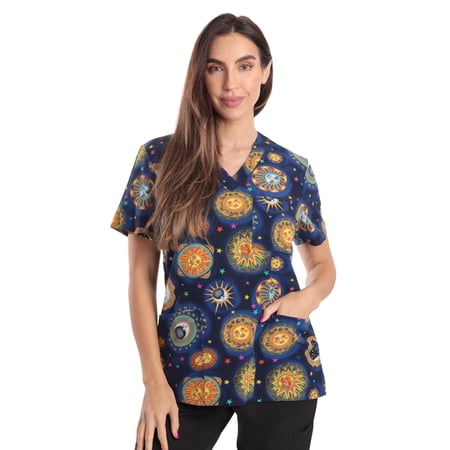 Just Love Women s V-Neck Printed Scrub Top (Blue Sun Stretch Fabric X-Large)