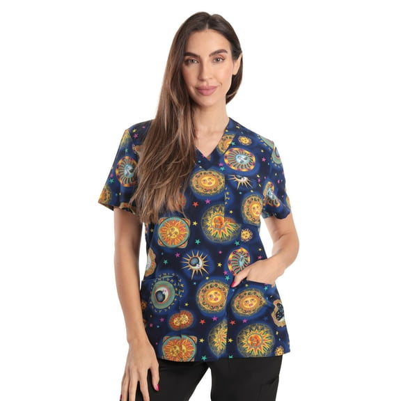 Just Love Women's V-Neck Printed Scrub Top (Blue Sun Stretch Fabric, X-Small)