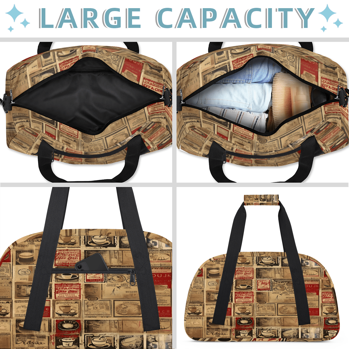 Herdesigns Sports Duffle Bags Travel Duffle Bag Gym Bag Retro Coffee Theme Weekender Travel Bag Waterproof Overnight Bag Carry On Travel Tote Bag Dance Bags