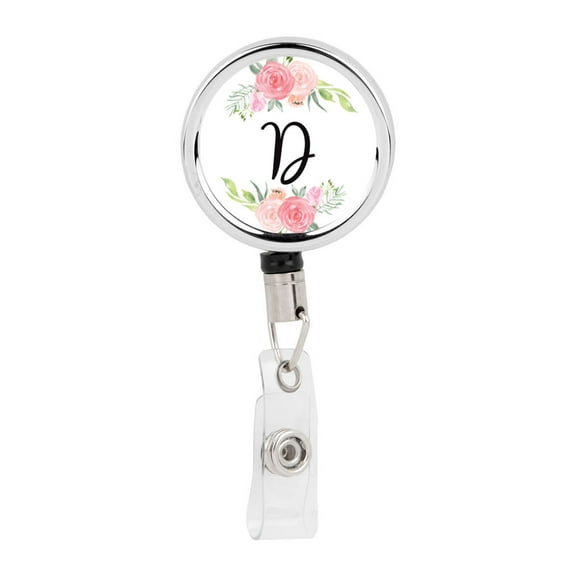 Koyal Wholesale Retractable Badge Reel Holder With Clip, Blush Pink And Cream Flowers, Floral Monogram D