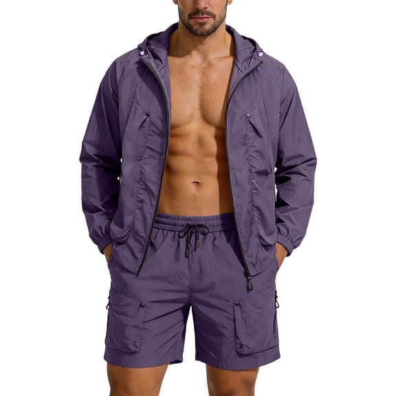 Wyobmus Mens 2 Piece Sun Protection Set Ice Silk Long Sleeve Zip Front Hoodie Shorts Ice Silk Fabric Drawstring Shorts Soft Lightweight Quick Dry Summer Activewear Suit B-Purple