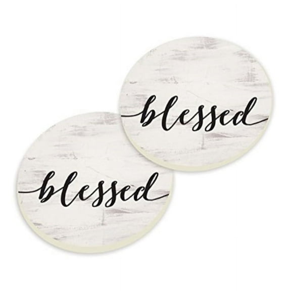 Blessed Script Design White Wash Look 2.75 x 2.75 Absorbent Ceramic Car Coasters Pack of 2