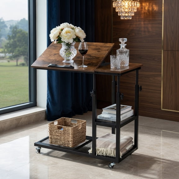 Demi Bonn End Side Table, Adjustable C-Shaped Bedside Table with Wheels, Bed and Sofa Side Table for Living Room, Bedroom, Rustic Brown